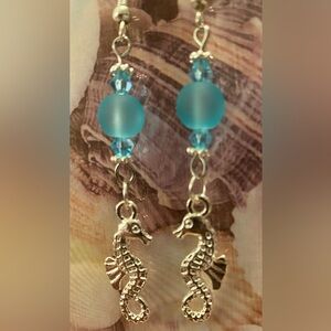 Seahorse with Sea Glass and Swarovski Aqua Crystal Bead Earrings